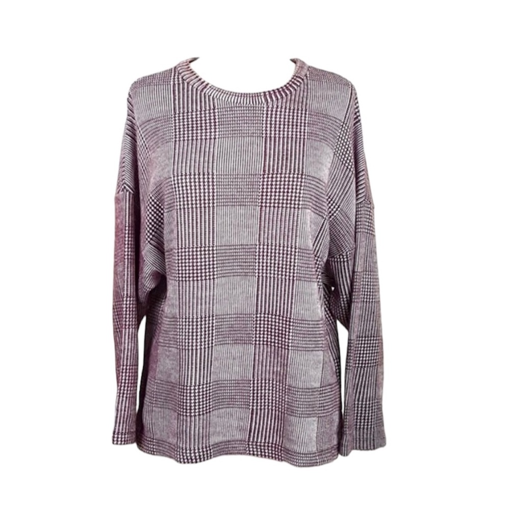 Zara Windowpane Plaid Sweater Top Burgundy Red White Relaxed Fit M